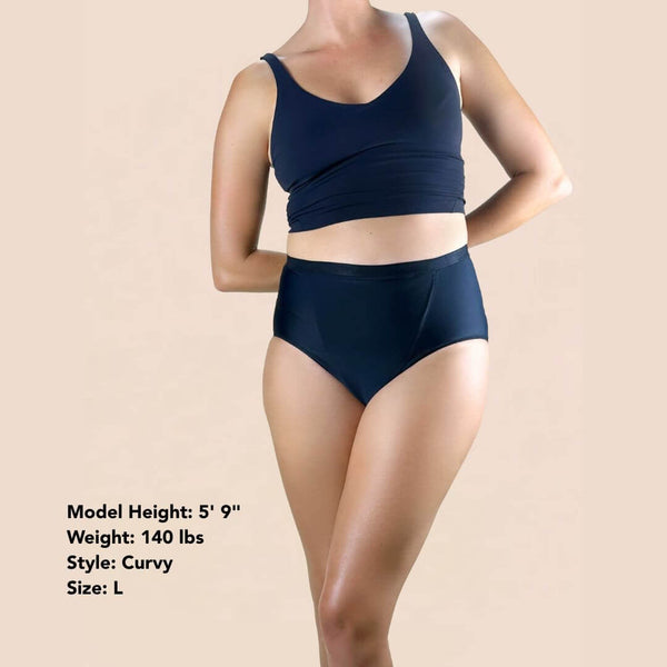 Model wears the pelvic floor support underwear from Hem Support Wear. Model is 5'9", 140 lbs, and wearing a Curvy L