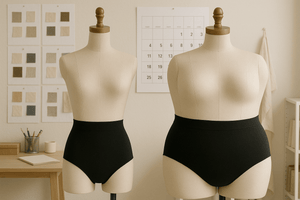 Two mannequins of different body types wearing black high-waisted underwear, displayed beside testing criteria for pelvic support garments.