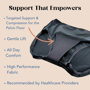 A detailed shot showing the interior of a pelvic floor support garment from Hem Support Wear. The page reads 