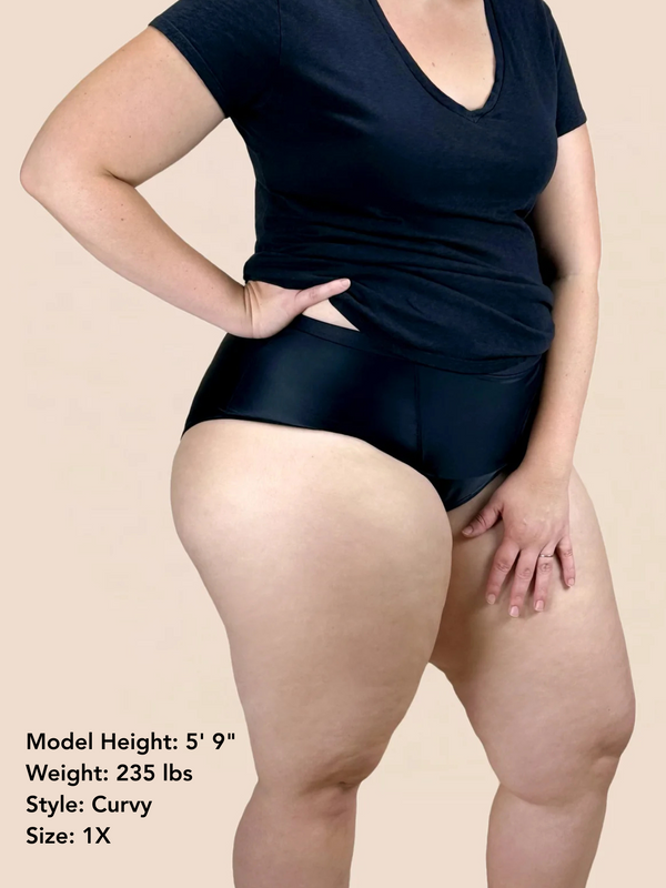 Model wears the pelvic floor support underwear from Hem Support Wear. Model is 5'9", 235 lbs, and wearing a Curvy 1X